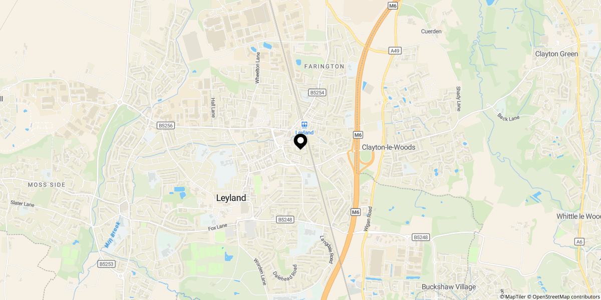Approximate location of East Street, Leyland, PR25 3NJ